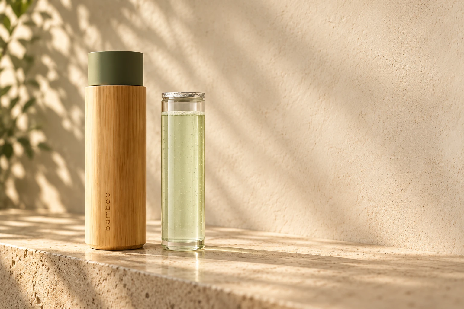 Eine Bambusflasche mit olivfarbener Kappe neben ihrem versiegelten Shampoo-Nachfülleinsatz auf einer Steinablage